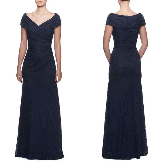 NEW LA FEMME Navy PORTRAIT NECK Ruched Waist SPARKLE LACE Trumpet EVENING GOWN 8 - Picture 2 of 16